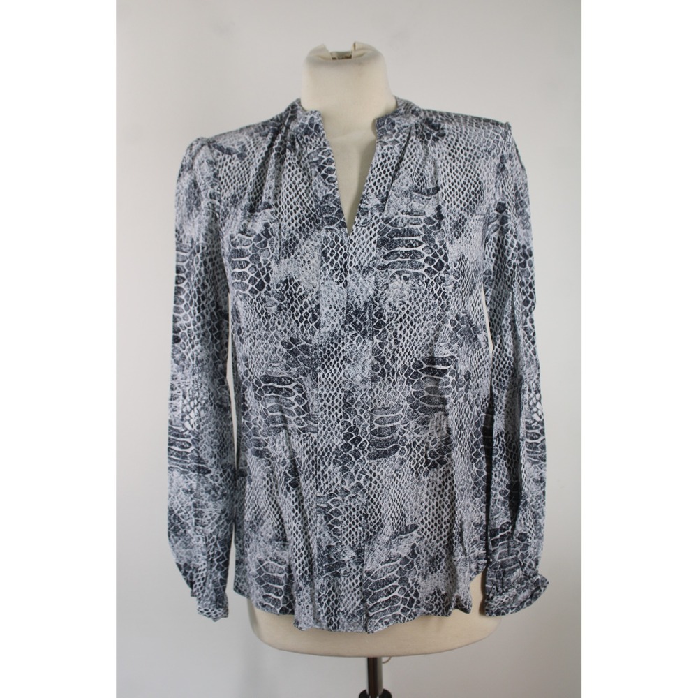 Charlotte Brody S Gray Snakeskin Print 100% Silk Split Neck Long Sleeve Blouse